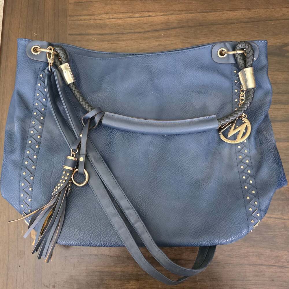 Mia Farrow Collection Blue Shoulder Bag with Studded Detail and Tassel